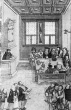 Zaujímavá ilustrácia zo stredovekého kancionálu ukazuje zasadnutie radných pánov - to je oná sediaca skupinka uprostred, nad ktorou visí zvonec. Dve skupiny ľudí v popredí sú súdiace sa stránky. Chlap v „kancli" vľavo je pisár, nad ním visí skriňa na spisy.
