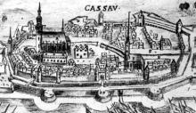 Detail pohľadu na Košice od Wilhelma Petera Zimmermanna, ktorý vznikol podľa staršej predlohy z Dilichovej Uhorskej kroniky. Mesto je tu zjednodušene nakreslené tak, ako vyzeralo tesne pred rokom 1600. Kresbička je to síce dosť amatérska, ale predsa postihuje základné parametre vtedajších Košíc - pôdorysný tvar, potok, pretekajúci mestom, ostrov s kostolom a radnicou v centre mesta a nakoniec aj kombináciu rondelového a bastiónového opevnenia.
