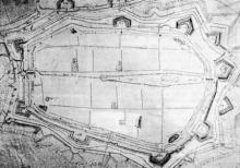 Opevnené vnútorné mesto na pláne hajtmana Hatscheka z bilančného roku 1754/55. Kresba tohto plánu je rovnako presná, ako moderné mapové diela.