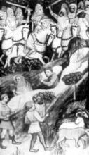 Dobový obrázok s bojovou scénou vo vrchnej časti a s pastierskou scénou v spodnej. Taká bola realita konca 14. storočia. "Civili" na obrázku pôsobia dojmom, akoby pred bojujúcimi vojakmi zachraňovali svoj majetok.