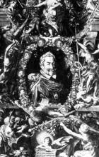 Oficiálny a neuveriteľne prezdobený portrét Mateja v neskorších časoch, keď už bol kráľom Matejom druhým. Cisárom sa stal až po Rudolfovej smrti v roku 1612.