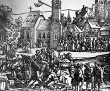 Pouličný ruch na začiatku 17. storočia v ktoromsi nemeckom meste, ako ho ukazuje dobový drevoryt. Veľmi podobne to mohlo vyzerať aj vo vtedajších Košiciach. Aj tu sa trhovalo s kadečím priamo na Hlavnej ulici - v texte Relation sa uvádza ako Plaz - rovno pod kostolom.