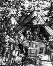 Drevoryt znázorňujúci vojenský tábor na sklonku 16. storočia. V stane sa hostí akýsi vyššiepostavený funkcionár v spoločnosti dámy, v popredí im vyhráva trubač na čomsi, čo vyzerá ako trombón.
