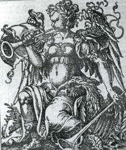 Drevoryt s ovenčenou postavou, trúbiacou na poľnici, vinúcou k sebe orla - alegória vojnových čias prelomu 16. a 17. storočia.