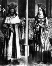 Kráľ Vladislav II. Jagellonec a jeho manželka Anna de Candal, ako sú zobrazení na nástennej maľbe v pražskom chráme svätého Víta.