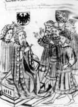 Kráľ Žigmund prijíma mešťanov. Toto však nie sú mešťania košickí, ale jihlavskí. Ilustrácia pochádza z tamojšej mestskej knihy.