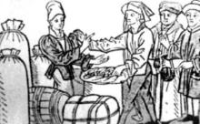 Stredovekí kupci s akousi poľnohospodárskou plodinou. Prevaha postáv v pravej časti obrázka je dokladom, že už koncom stredoveku existovali v obchodoch rady.