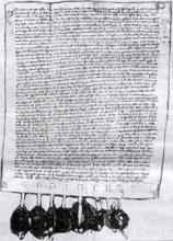 Obligácia Omodejovcov z 3.októbra 1311, v ktorej sa nachádzajú údaje o košickom tridsiatku - Omodejovci sa ďalej zaväzujú nenapadať kupcov, idúcich na trh do Košíc alebo z Košíc