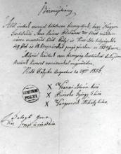 Osvedčenia zo dňa 29. augusta 1856. Osvedčenie o tom, že "Vážený pán plebán Stecz János platí dane."