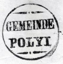 Pečať z osvedčenia zo dňa 29. augusta 1856. Odtlačok pečatidla z roku 1856 s nápisom "GEMEINDE POLYI".