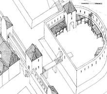 Rekonštrukcia podoby prvej stavebnej fázy barbakanu pred Maľovanou bránou, ako mohol vyzerať okolo roku 1450. Pohľad je kreslený od juhozápadu a stavby vnútri barbakanu, ako aj veža brány vedúcej z neho von z mesta sú fikciou, čosi podobné tam však skutočne muselo byť. Oblúkový múr barbakanu je dnešná Katova bašta.