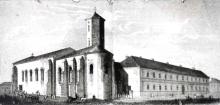 Pohľad na dominikánsky kostol a kláštor, ako ho zobrazuje Reschkova rytina. Celkom vľavo je nakreslená cirkevná procesia, vychádzajúca z južnej brány kostola.