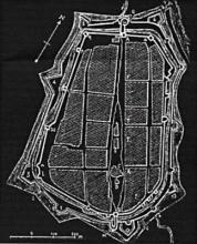 Hradby Košíc v roku 1550 na originálnom obrázku 109 v Maggiorottiho knihe. A a B sú brány, C a D barbakany, S je Katova bašta uvedená ako "Hohérbastia", 1 až 6 a 13 sú bastióny, 7 sú stredoveké veže a 8 až 12 sú rondely.